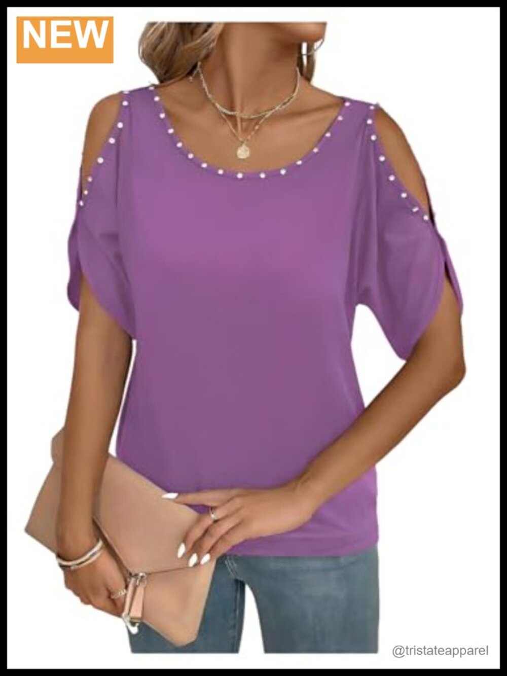 Women's Cold Shoulder Pearl Beaded Blouse Short Sleeve Dressy Top